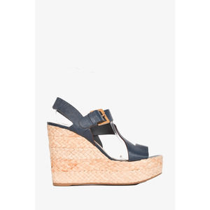 Sergio Rossi Black Epi Leather Woven Raffia Wedge Sandals Size 41